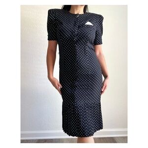 VLP Vintage Union Made ILGWU USA Polka Dot Pleated Tiered Midi Dress Size 4